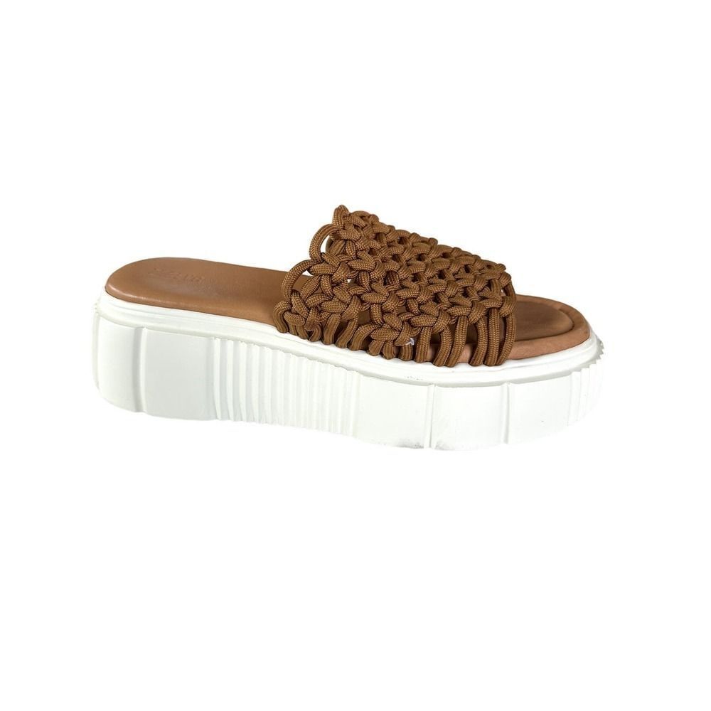 Anthropologie Brown Woven Platform Slide Sandals with White Sole